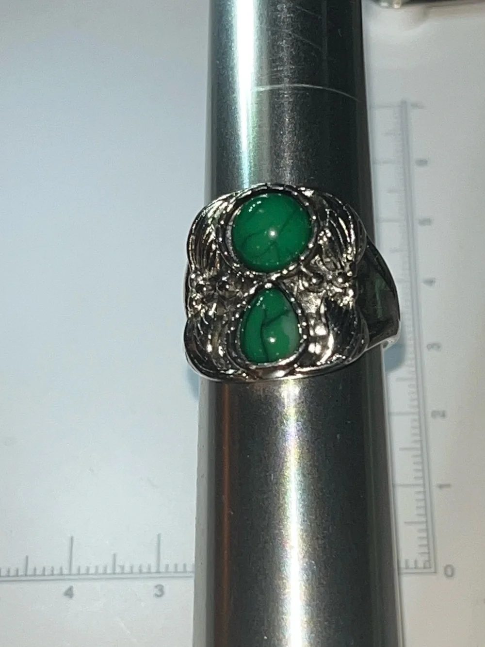 Vintage Art Nouveau Style Silver Tone Ring with Green Glass Cabochons untested
